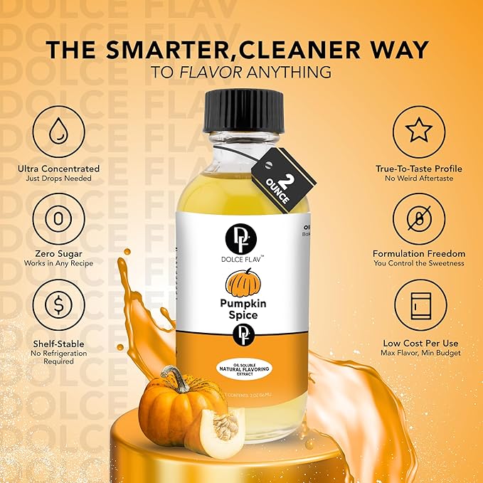 Dolce Flav Natural Pumpkin Spice Extract ??8 Ounce Oil-Soluble Kosher, Sugar-Free, Concentrated Warm Pumpkin Spice Flavoring for Baking, Smoothies & Desserts, Includes Measured Dropper