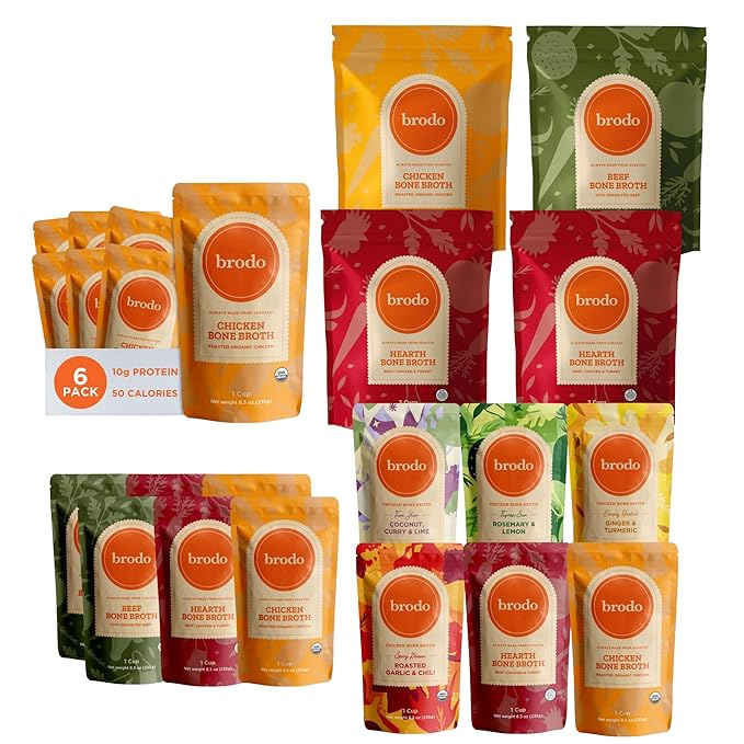 Brodo Bone Broth Bundle with Variety & Classic Packs, Chicken & Ginger, and Spicy Chicken Broths, 18 x 8.3 oz and 4 x 25 oz (30 Cups Total)