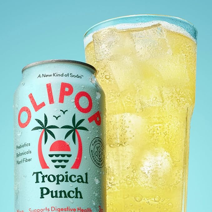 OLIPOP Prebiotic Soda Pop, Tropical Punch, A New Kind of Soda Packed with Prebiotics, Fiber, and Botanicals, Gluten Free, Vegan, GMO Free, 12oz (12-Cans)