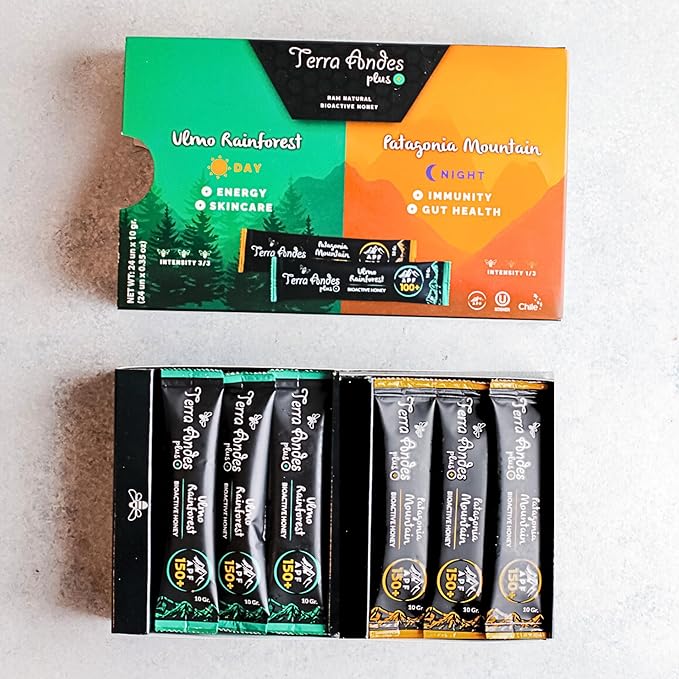 Organic Raw Honey Sachets 24 units by Terra Andes Plus - Ideal for Travel, Sports, Superfood Snacks and On-the-Go Daily Wellness - Ulmo Rainforest / Patagonia Mountain APF 150 - raw honey organic unfiltered