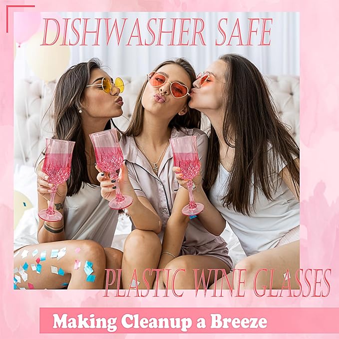 24 PCS Pink Plastic Wine Glasses,Reusable Plastic Wine Glasses,Pink Goblet Glass,Durable and Sturdy Cups Can Be Used for Various Parties Such as Weddings!