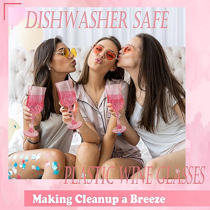 12 PCS Pink Plastic Wine Glasses,Reusable Plastic Wine Glasses,Pink Goblet Glass,Durable and Sturdy Cups Can Be Used for Various Parties Such as Weddings!