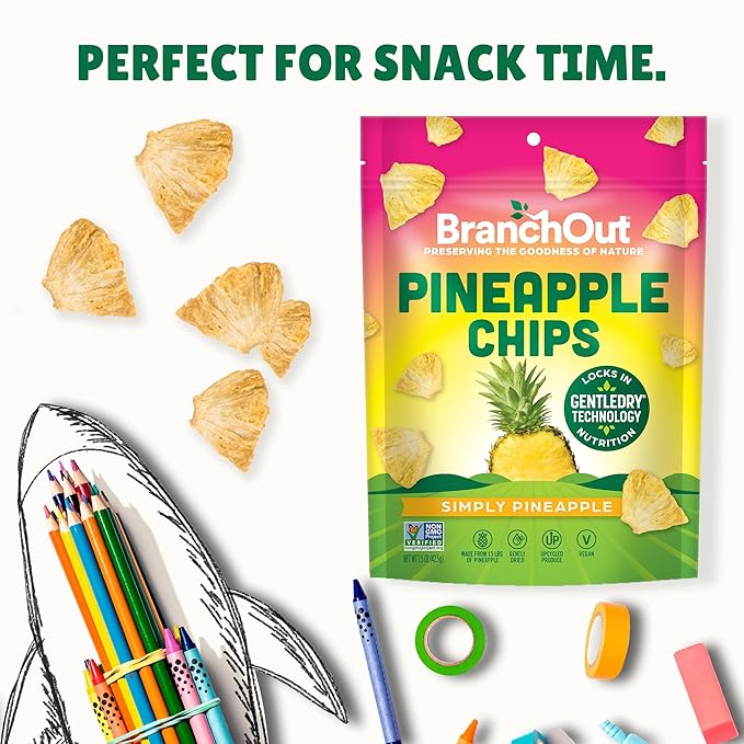 BranchOut Pineapple Chips, No Sugar Added, Real Dried Pineapple Chunks, GentleDry, Better than Freeze Dried Pineapple, Healthy Vegan Fruit Snacks for Kids & Adults, 1.5 oz (Pack of 8)