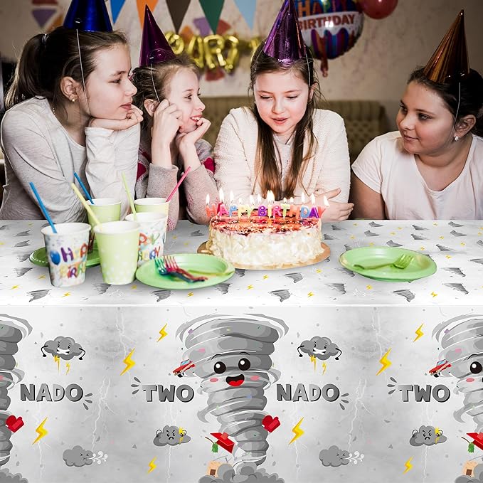 3Pcs Two Nado Party Tablecloths - Gray Tornado Birthday Party Table Covers Decorations, Cute Two Nado Themed Rectangular Plastic Disposable Table Cloth Decor for Baby Girls 2nd Birthday Baby Shower