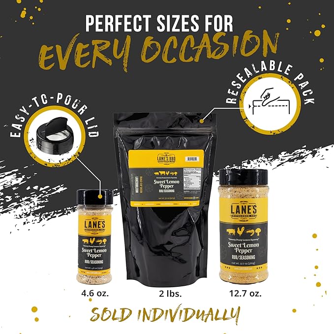 Lane's Sweet Lemon Pepper Seasoning, All-Natural Lemon Seasoning Blend with Citrus, Lemon Pepper Powder, and Honey, Made in USA, 12.7 Oz
