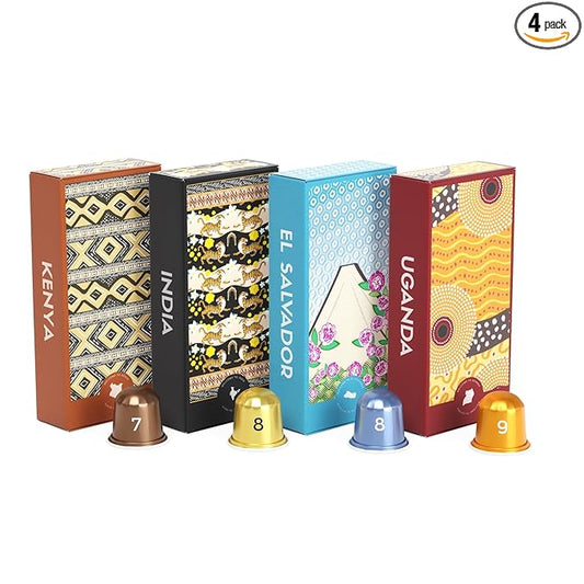 Atlas Coffee Club Espresso Pods Compatible with Nespresso Original– Medium Roast Variety Pack (40 Count)– Aluminum Capsules from Kenya, El Salvador, India & Uganda– Intensity 7–9