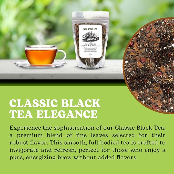 Nelson's Tea Raspberry Chocolate Truffle - Loose Leaf Black Tea with Raspberry Leaf, Rooibos, Truffle Essence, Carob Beans, Hibiscus & Chocolate Chips, Infused with Natural Flavors - 2 oz.