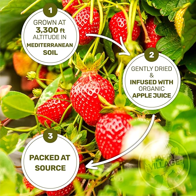 Happy Village Organic Whole Dried Strawberries, 18 OZ Resealable Pack- Soft & Juicy, Kosher, Non-GMO, No Refined Sugar, Apple Juice Infused Dried Strawberry