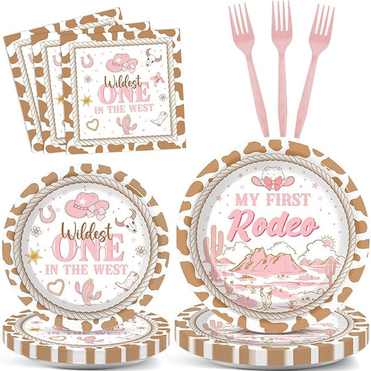 96Pcs My First Rodeo Birthday Plates and Napkins Western Cowgirl 1st Birthday Party Decorations Wild West One Dessert Disposable Paper Plates Pink Tableware Set for 24 Guests Kids Girls Party Supplies