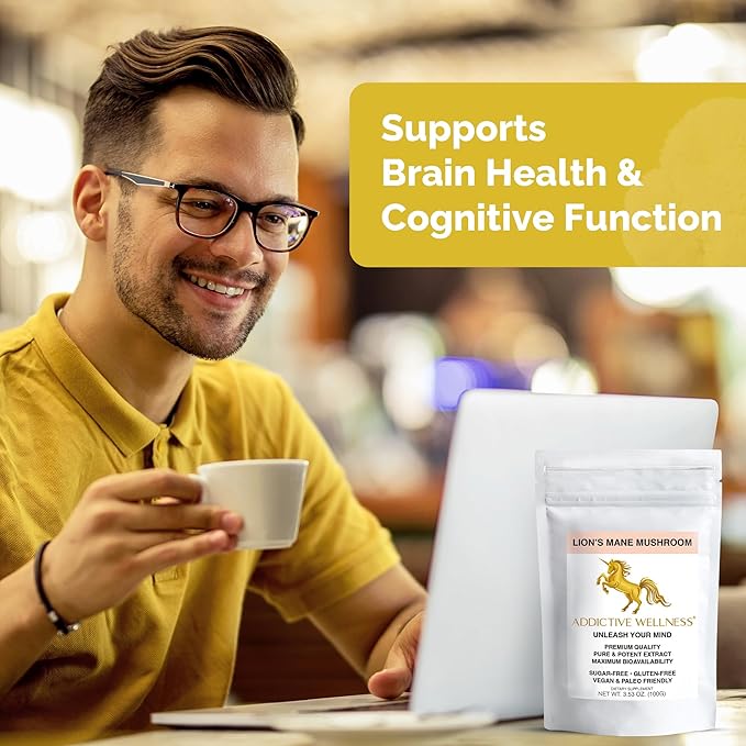 Addictive Wellness Lions Mane Supplement Powder, Premium Quality Lions Mane Mushroom Powder Dual-Extract Nootropic, Sugar Free, Vegan & Paleo Lion's Mane Mushroom Supplement - 1500 mg (100 Grams)