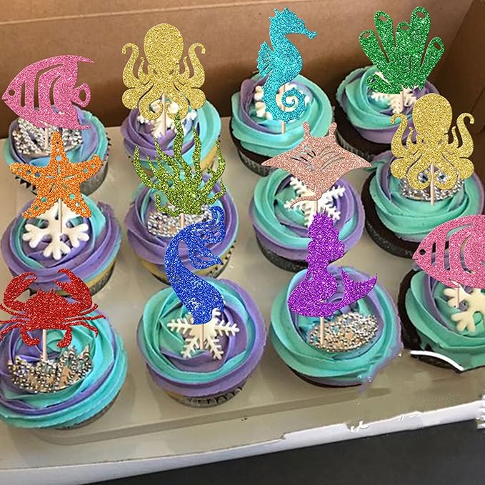 30 Pack Mermaid Cupcake Toppers Glitter Seahorse Starfish Mermaid Tail Cupcake Picks Octopus Jellyfish Mermaid Tail Cupcake Decorations for Baby Shower Under The Sea Birthday Cake Decorations