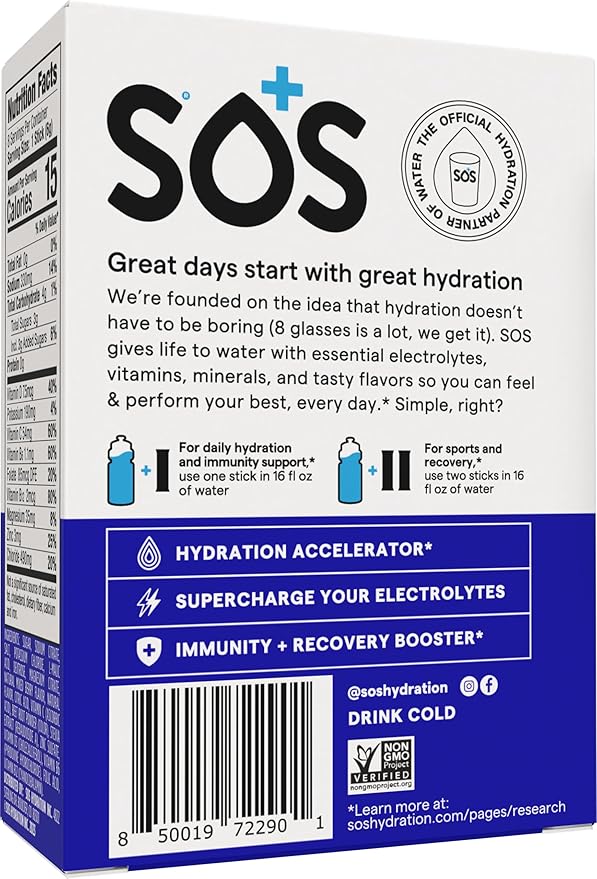 SOS Hydration Electrolyte Powder 8 Stick Packs ??Low-Calorie, Rapid Rehydration, Made in USA, Keto (8 Servings, Mixed Berry)