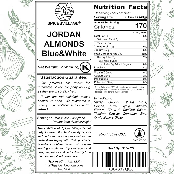 Spices Village Jordan Almonds, Blue and White, Crunchy Candy Coated Almonds, 32 oz, Perfect for Weddings, Baby Showers, Parties, Favors, and Gifting, Kosher Certified