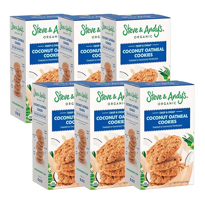 Steve & Andy???Crunchy, Chewy Coconut Oatmeal Cookies -Organic, Gluten Free, Non-Gmo, Vegan, Dairy Free, Nut Free, Egg Free, Wheat Free, Soy Free, Plant-Base??33 Oz, 6 Boxes (60 Cookies)