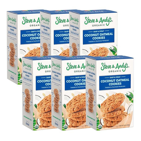 Steve & Andy???Crunchy, Chewy Coconut Oatmeal Cookies -Organic, Gluten Free, Non-Gmo, Vegan, Dairy Free, Nut Free, Egg Free, Wheat Free, Soy Free, Plant-Base??33 Oz, 6 Boxes (60 Cookies)