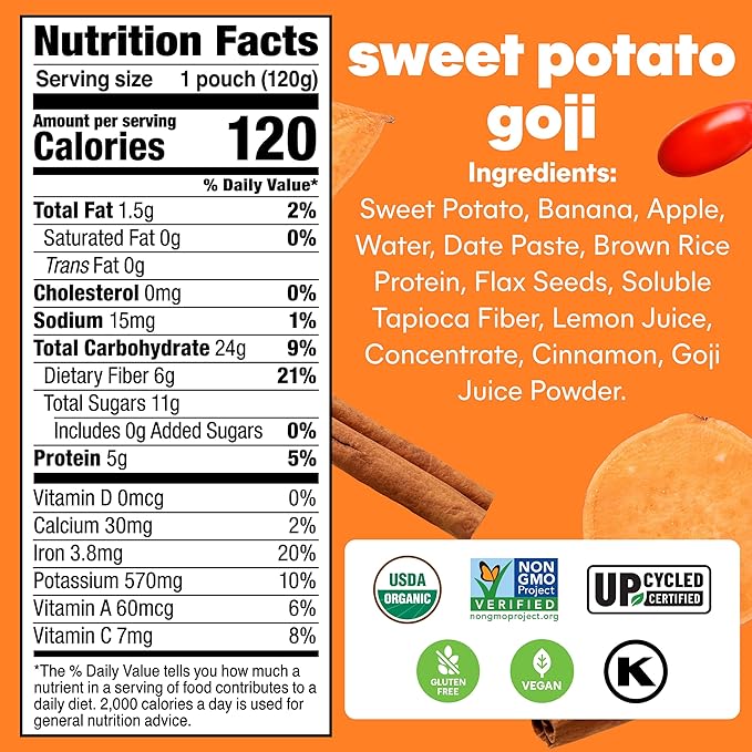 Noka Superfood Fruit Smoothie Pouches, Sweet Potato Goji, Healthy Snacks with Flax Seed, Plant Protein and Prebiotic Fiber, Vegan and Gluten Free Snacks, Organic Squeeze Pouch, 4.22 oz, 6 Count