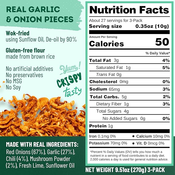 MaeMai Chili Crisp (MILD Spice) - Premium Onion & Garlic Flakes - Crispy All-Purpose Seasoning, Topper | Keto, vegan, gluten-free. Crunchy condiment for ramen add ons, rice seasoning, salads | 9.52 oz (3-PACK)