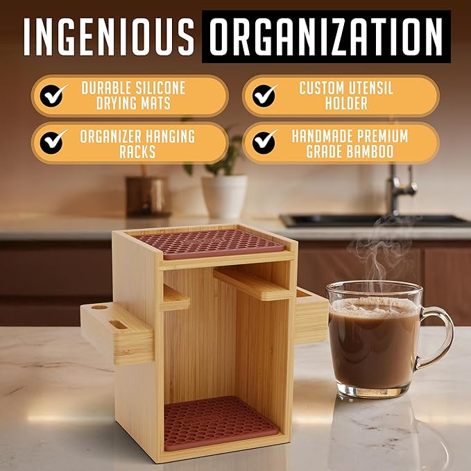 HEXNUB ??Compact AeroPress Organizer Stand, Bamboo Coffee Caddy for AeroPress Coffee Maker, Accessories, Filters, Cups, Includes Mats - Brown