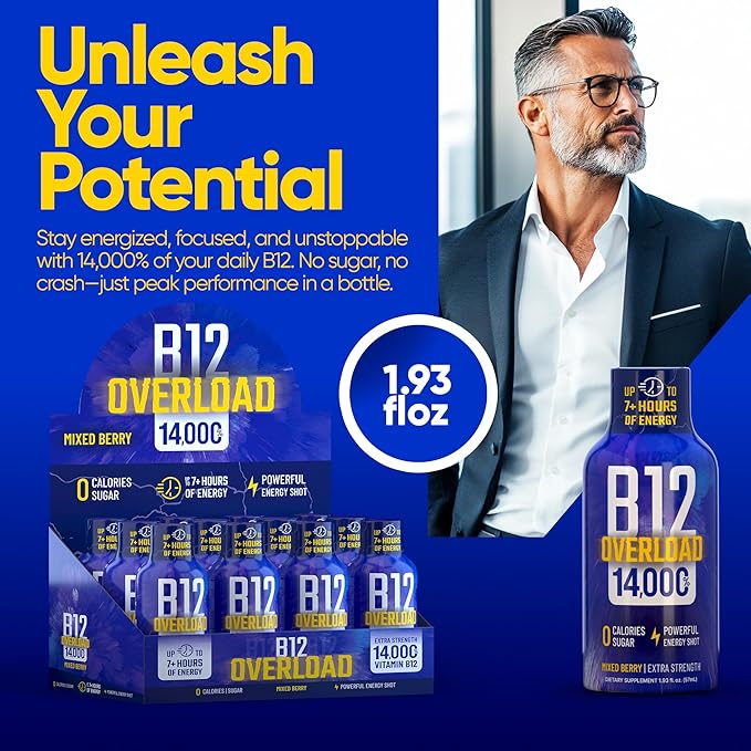 B12 Overload Extra Strength Energy Shot ??Mixed Berry ??260mg Caffeine, 14000% B12, Electrolytes ??Energy & Vitality Support ??Zero Sugar No Calories ??Vegan, Kosher, Gluten-Free ??1.93 fl oz, 10-Pack