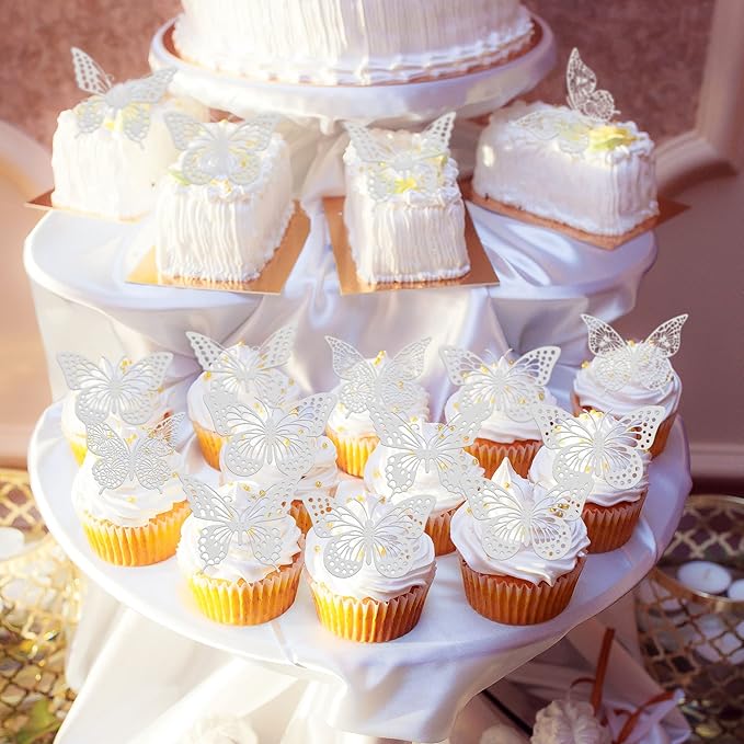 Gyufise 36 Pack Silver Glitter 3D Butterfly Cupcake Toppers Hollow Cake Decorations for Birthday Wedding Fairy Party Wall Sticker Decal