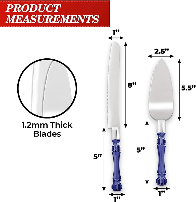Cake Knife and Server Set, Cake Cutter and Pie Spatula, Cake Server and Knife Set with Acrylic Crystal Handles, Cake Cutting Set for Wedding Cake ??1.2mm Thick Blades, Birthdays, and Parties (Blue)