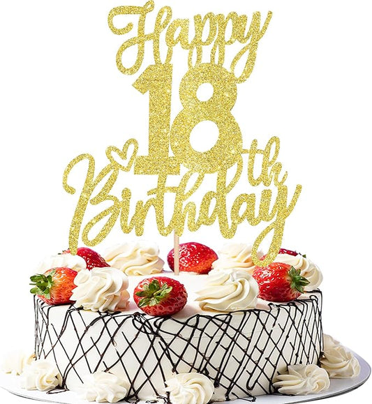 1 PCS Happy 18th Birthday Cake Topper Glitter Cheers to 18 Years Birthday Cake Pick Eighteen Hello 18 Fabulous Cake Decoration for Happy 18th Birthday Anniversary Party Decorations Supplies Gold
