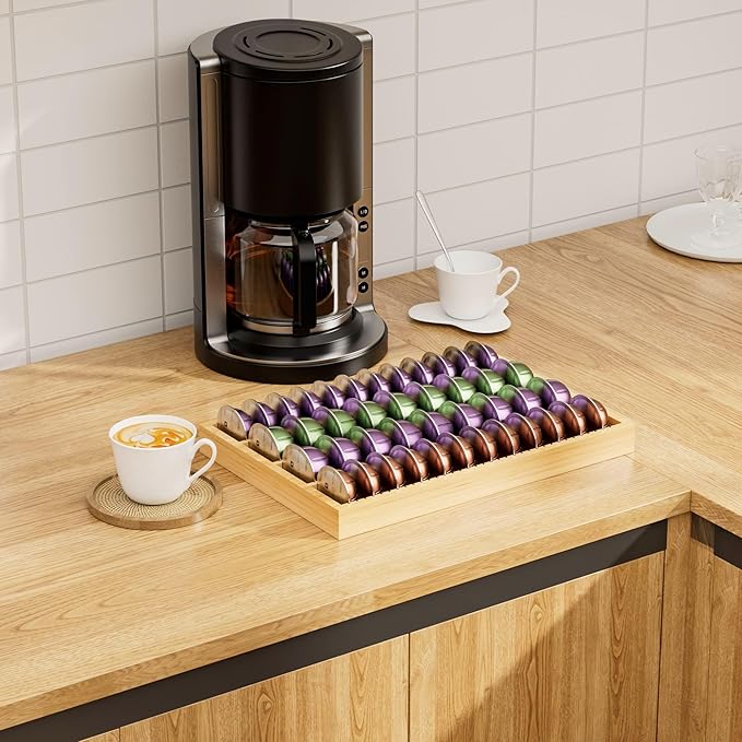 MinBoo Bamboo Coffee Pod Storage Holder Drawer Insert for Counter Compatible Nespresso Vertuo Vertuoline Capsules for Kitchen, Home, Office, Coffee Station