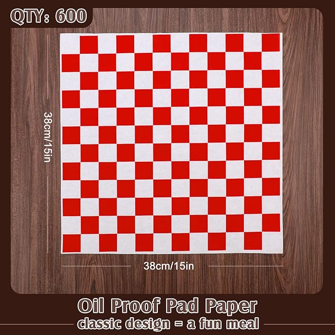 Honeydak 600 Pcs Sandwich Wrapping Paper Sheet 15x15 Checkered Food Wax Sheets Parchment Burgers Paper Basket Liner Grease Restaurant Wedding Party Supplies for Wrapping Bread BBQ