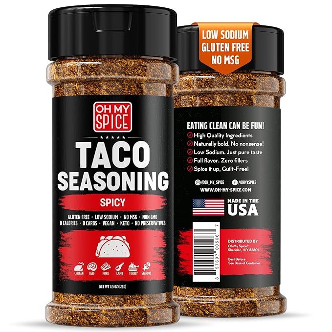 Taco Seasoning Mix Spicy Chili Powder - Gluten Free & Low Sodium Mexican Seasoning Blend for Taco Tuesday Night. Fajita & Burrito Spicy Seasonings. Meat, Chicken & Fish Tacos Hot Spices Topping. 4.5oz