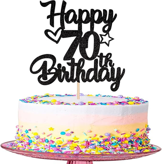 1 Pack Happy 70th Birthday Cake Topper Glitter Heart Star 70 Fabulous Cake Pick Birthday Sign Cake Decorations for Children 70th Birthday Theme Party Supplies Black
