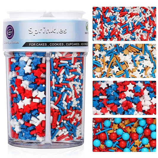 4th of July Sprinkles for Cake Decorating, Patriotic Gold Red White and Blue Sprinkles for Ice Cream Cupcakes Brownie Cookie Baking Topping