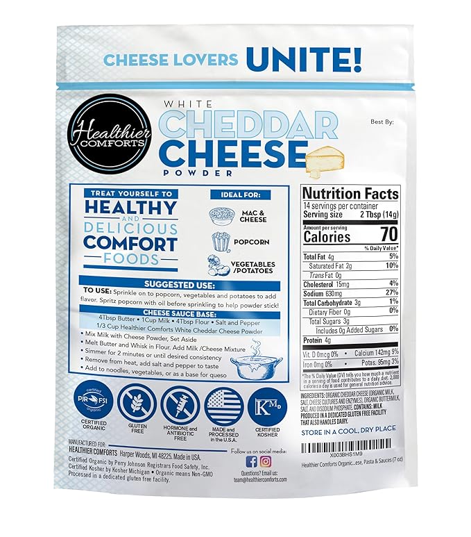 Healthier Comforts Organic White Cheddar Cheese Powder | Gluten Free, Kosher, Keto-Friendly, Non-GMO, Antibiotic & Hormone Free | Perfect for Popcorn Seasoning, Mac and Cheese, Pasta & Sauces (7 oz)