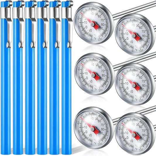Xuhal 6 Pcs Stainless Steel Kitchen Thermometers with 5 Inch Long Stem 1 Inch Dial Milk Frothing Food Thermometer for Oven Probe Meat Grill BBQ Cooking Chocolate Water (Blue)