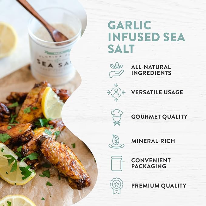 FLORIDA PURE Garlic Sea Salt 80+ Mineral Sea Salt Unrefined Garlic Salt, Non Iodized, Natural Sea Salt for Baking, Cooking, Seasoning & Enhancing Taste, Rich in Taste Flaky Sea Salt (1.8 oz Jar)