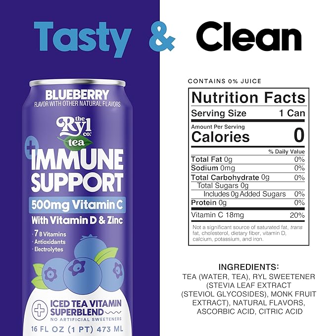 Ryl Immune Support Tea, Blueberry, 500mg Vitamin with Vitamin D & Zinc, 16.0 Fl Oz (12-Pack)