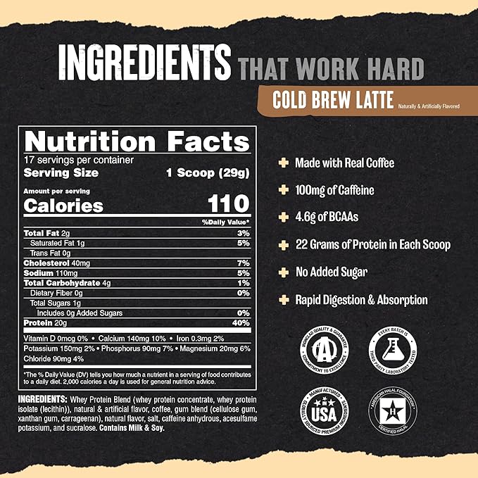 Animal 100% Whey Protein Powder Instant Iced Coffee ??Real Coffee for Preworkout, Post Workout Whey Blend + 20g of Protein Shake, 120mg of Caffeine Meal Replacement with BCAA ??Cold Brew Latte, 1 lb