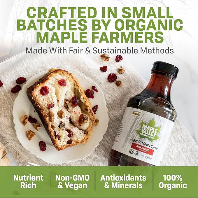 Maple Valley Organic Pure Maple Syrup, Amber & Rich, Better Than Pancake Syrup, Use for Coffee or All-Natural Sugar Substitute in Cooking and Baking (16oz Glass Bottle)
