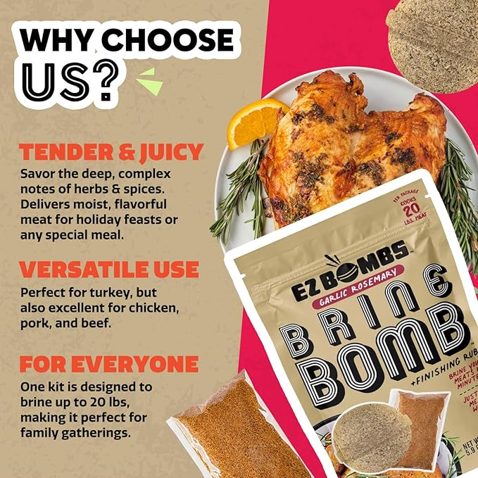 EZ Bombs Garlic Rosemary Brine Bomb Seasoning with Finishing Rub, Pack of 1 – All-in-One Turkey Brine Kit for Juicy, Flavorful Meat – Perfect for Turkey, Chicken, Pork, and Beef – Brines Up to 20 lbs