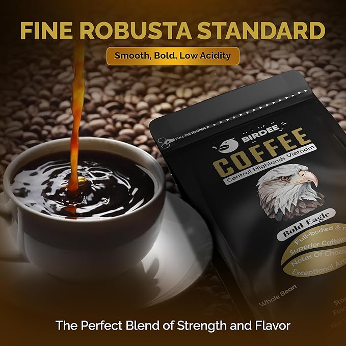 Birdee Robusta Coffee Beans ??16 oz, Medium Roast, Whole Bean, 100% Robusta, Low Acid, High Caffeine, Single Origin, Fine Robusta Standard, Hand Picked from Vietnam