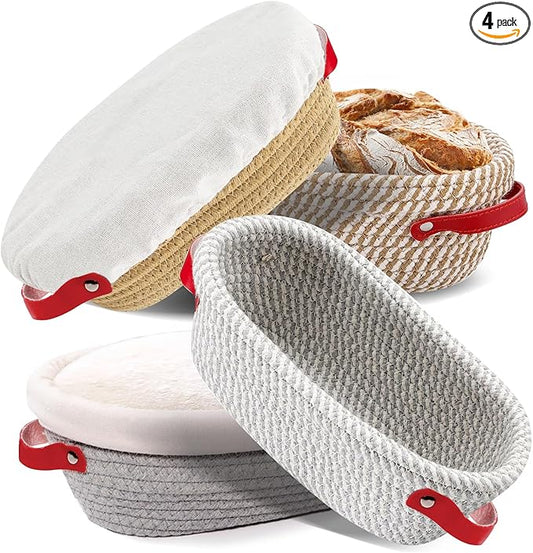 10 Inch Oval Cotton Rope Banneton Bread Proofing Basket Banneton Basket Set of 4 Sourdough Bread Baking Supplies with Liner & Cover
