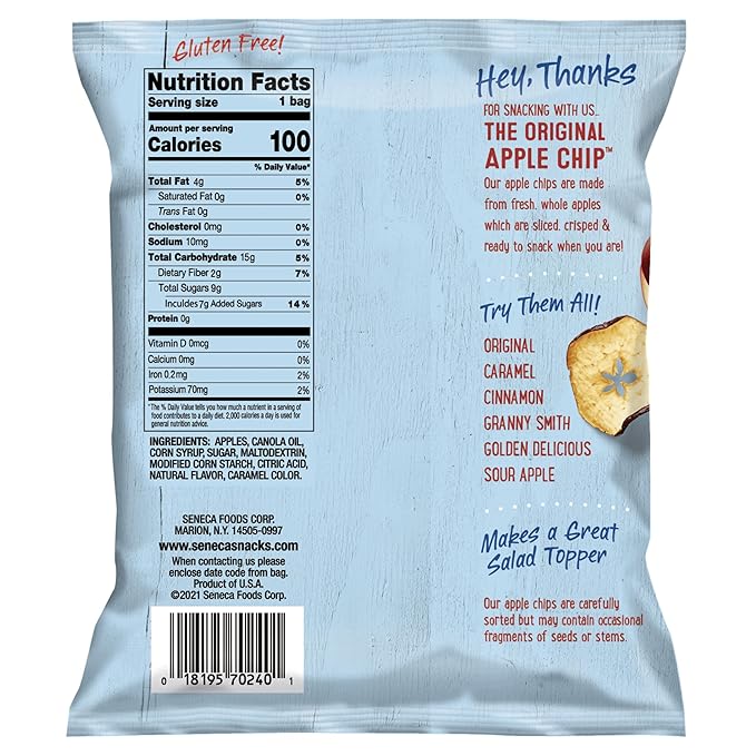 Seneca Caramel Apple Chips | Made from Fresh Apples | 100% Red Delicious Apples | Yakima Valley Orchards | Crisped Apple Perfection | Foil-Lined Freshness Bag | 0.7 ounce (Pack of 24)