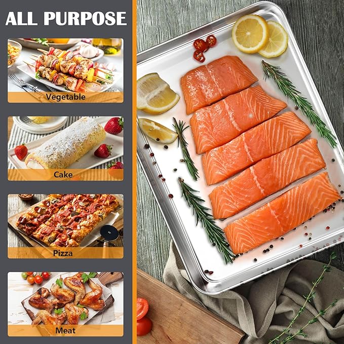 2Pcs Baking Sheet Pan Set, Joyfair Stainless Steel Cookie Sheets, Commercial Metal Pans Toaster Oven Tray Bakeware for Jelly Roll/Bread/Bacon, Heavy Gauge, Rust-free & Dishwasher Safe (16 Inch)