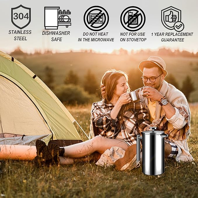 Large French Press Coffee Maker 50oz(1.5L), 304 Stainless Steel Double Wall Insulated Tea Press for Camping, Backpacking, Party, Gift Set, Dishwasher Safe (Silver, 6-8 Cups)