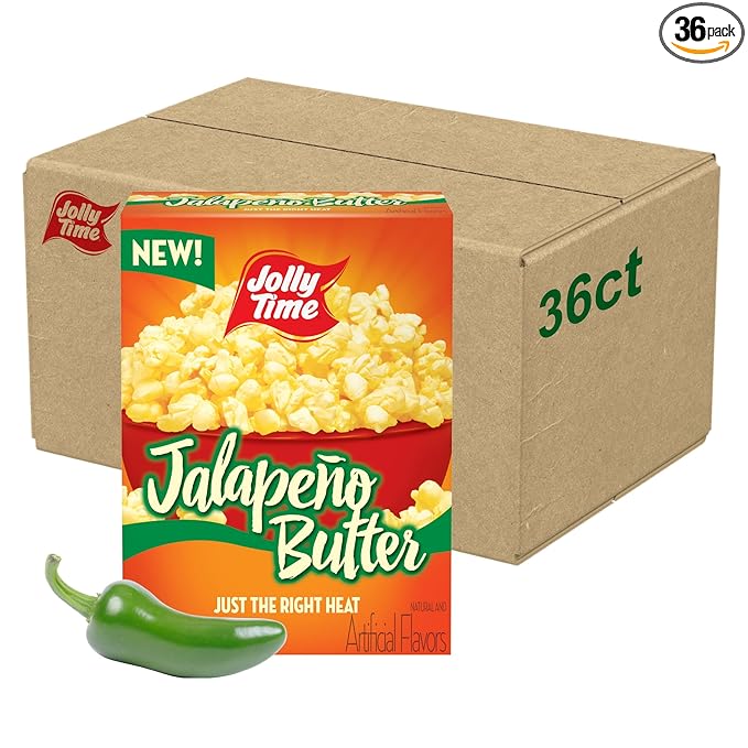 Jolly Time Jalape챰o Butter, Microwave Popcorn with Just the Right Heat, 3oz Sharing Bag, 6 Bags Per Carton (Jalape챰o Butter, 3 Ounce (Pack of 36))