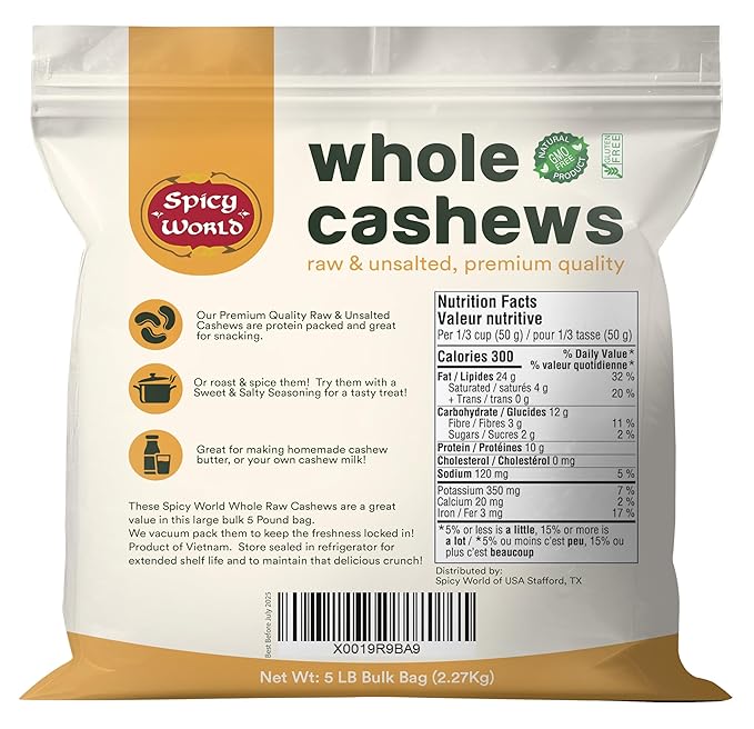 Spicy World Raw Cashews 5 LB (80oz) Bulk - Non-GMO, Gluten Free, Peanut Free, No Additives, Unsalted Natural & Pure Whole Cashews - Great for Pesto, Salads, Baking, Roasting & Cooking