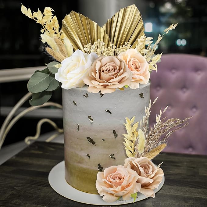 Tallew 28 Pcs Boho Cake Topper Decorations Vintage Artificial Rose Flowers Palm Leaves for Cake Decorating Kit Dried Faux Flower Decor for Bohemian Wedding Baby Shower Birthday Party Supplies
