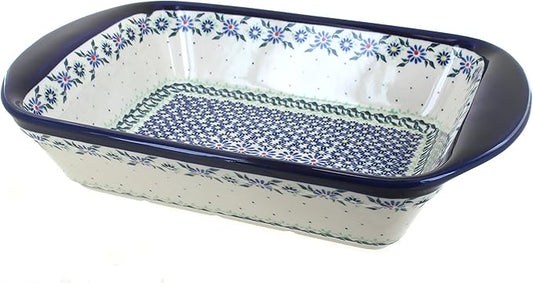 Blue Rose Polish Pottery - Blue Petite Bouquet Large Rectangular Baker with Handles - 9" x 6.5" - Unique, Dishwasher Safe, & Durable Bakeware