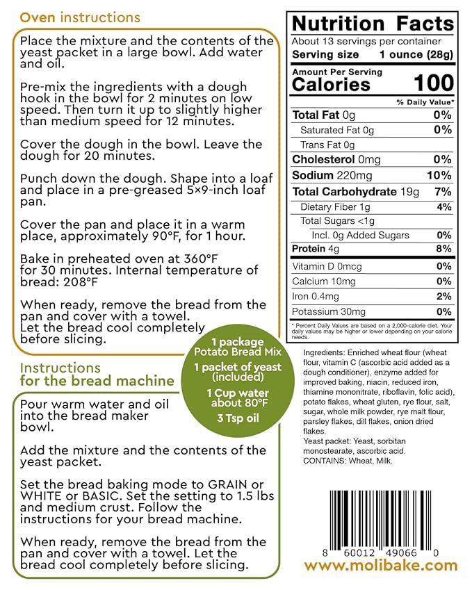 Molibake Potato Bread Mix ??Pack of 2 - All-Natural Baking Mix for Bread Machine and Oven - 12 oz - Mix for Bread with Potato Flakes, Rye flour, Parsley flakes - Easy-to-Use Bread Maker Mix for Homemade Baking