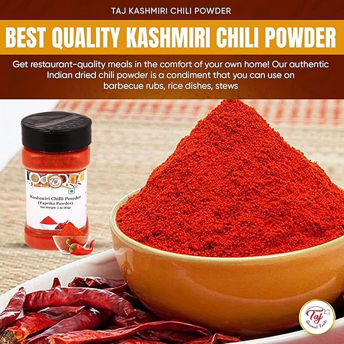 TAJ Premium Indian Kashmiri Chilly Powder, (Deggi Mirch, Lal Mirch), Mild Hot (3-Ounce)