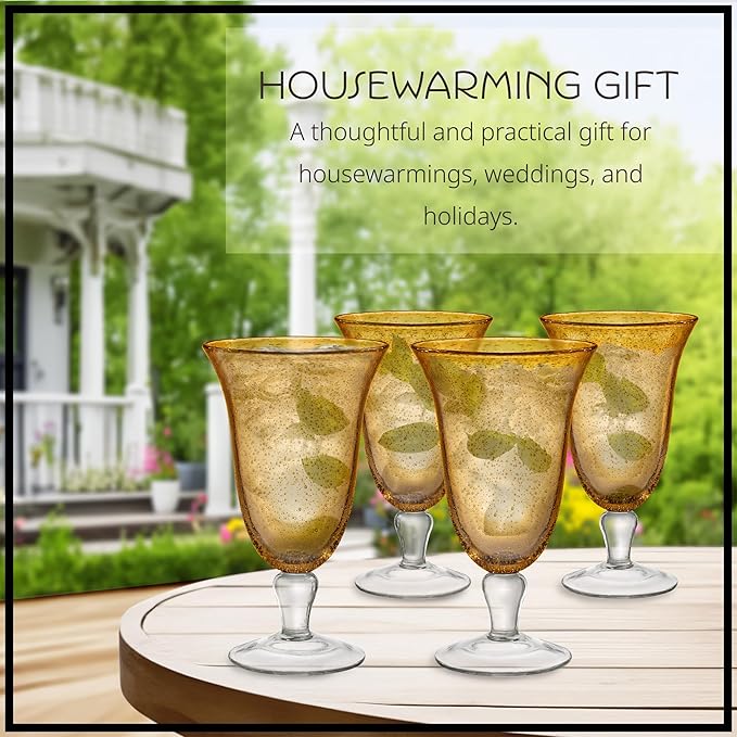 ARTLAND 18oz Footed Iced Tea Glass, Set of 6 | Iris Seeded Design, Amber | Cocktail Glass for Parties and Everyday Use | Glassware & Barware Essentials - New Apartment Housewarming Gift